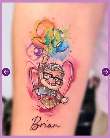 A colorful tattoo of the elderly man from the movie Up holding rainbow balloons, with a pink heart outline and the name Brian written below in script.