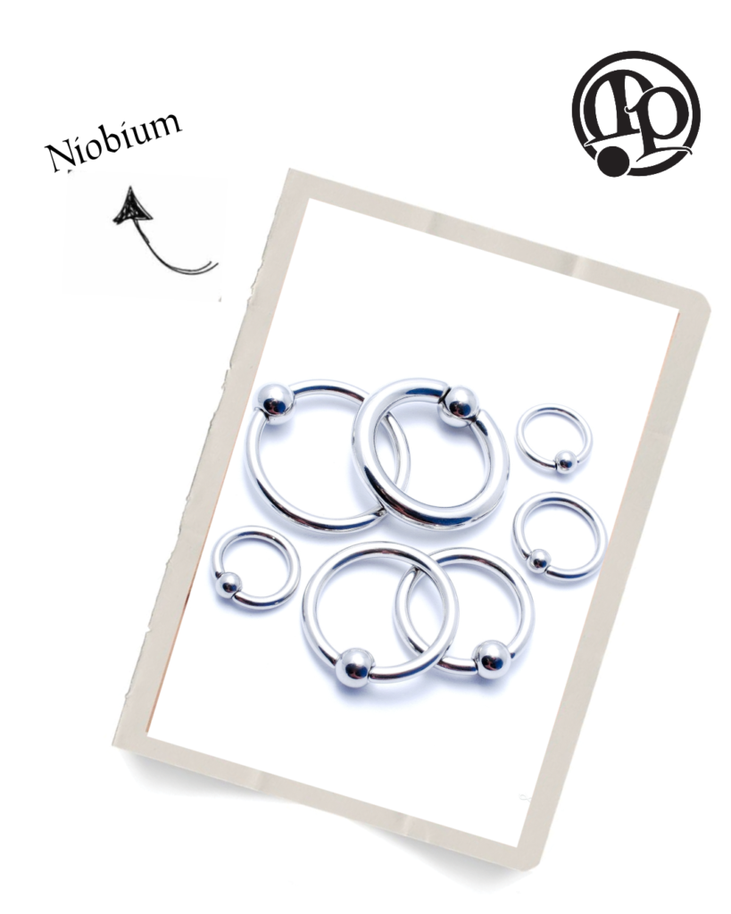 A group of silver niobium captive bead rings of various sizes are displayed on a tilted white card. The word Niobium with an arrow points to the rings, and a logo is in the top right corner.