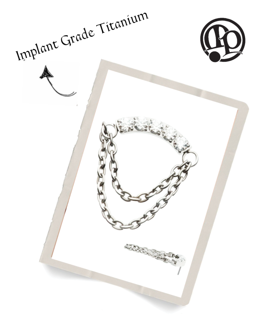 A silver double-chain ear cuff with five clear gemstones, displayed against a white background with Implant Grade Titanium text and a logo in the top corners.