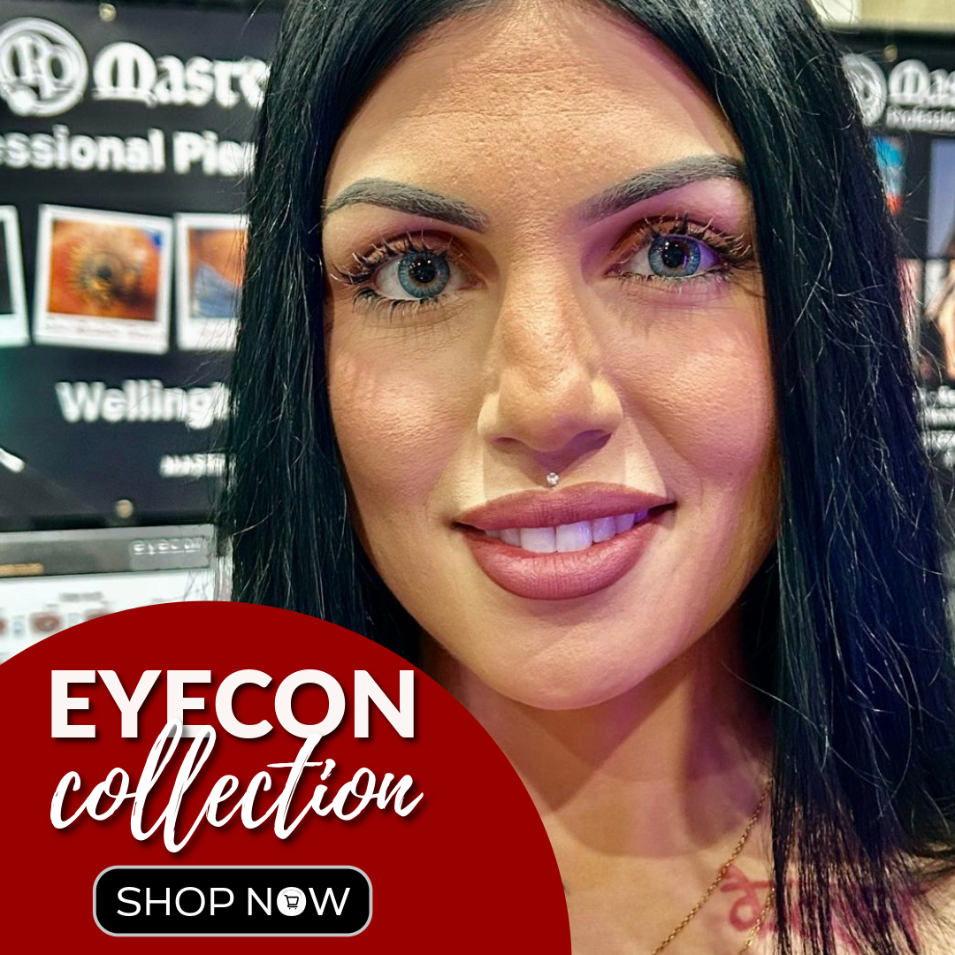 A woman with long dark hair and striking light-colored eyes smiles at the camera; behind her are promotional displays. A red circle in the corner reads: EYECON collection SHOP NOW.