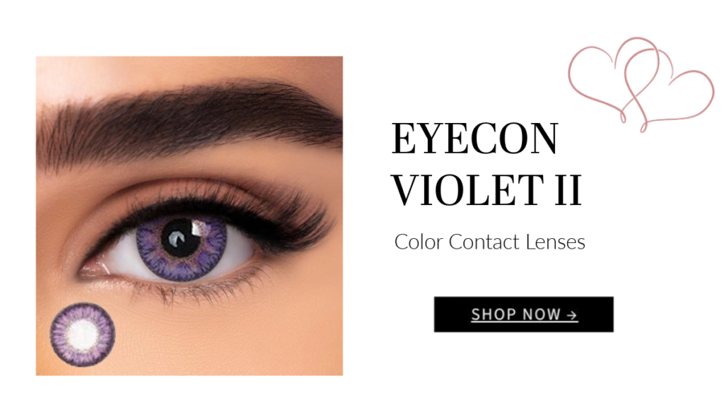 A close-up of an eye wearing violet-colored contact lenses, with EYECON VIOLET II Color Contact Lenses text and a SHOP NOW button on the right, and an illustration of two hearts in the top corner.