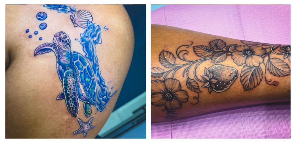 Side-by-side tattoos: left shows a colorful sea turtle with blue ocean waves, bubbles, a seashell, and a starfish; right features a black-and-grey floral design with leaves, flowers, and a detailed strawberry.