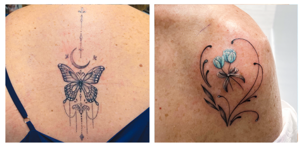 Side-by-side images show two back tattoos: one features a butterfly with a crescent moon and decorative dots, the other displays blue flowers and a dragonfly with swirling lines. Both tattoos are on light skin.