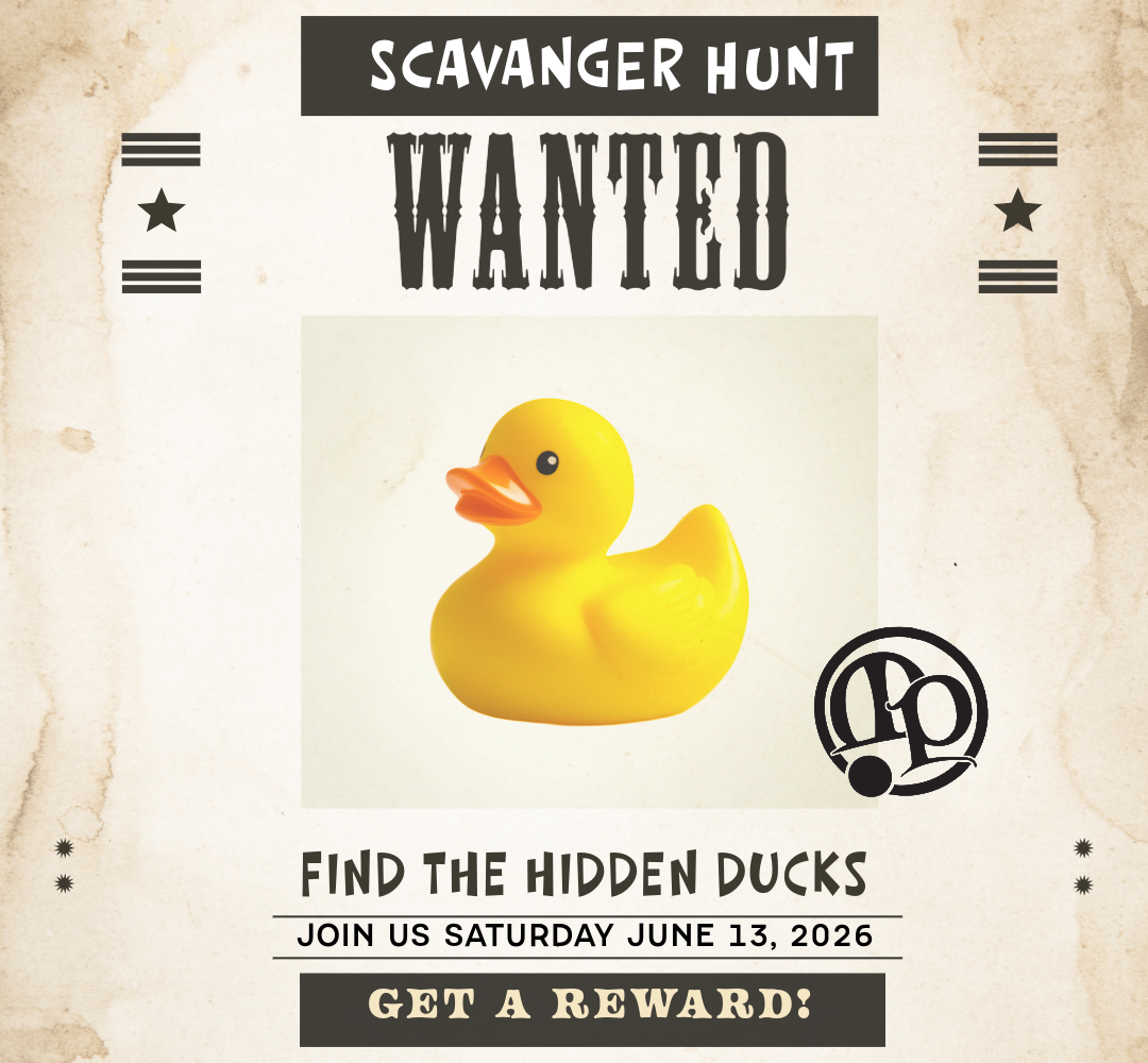 A wanted poster features a yellow rubber duck and text promoting a scavenger hunt to find the hidden ducks on Saturday, June 13, 2026, with a reward offered.