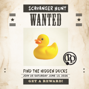 A wanted poster features a yellow rubber duck and text promoting a scavenger hunt to find the hidden ducks on Saturday, June 13, 2026, with a reward offered.
