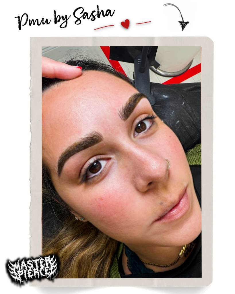 A close-up of a person with freshly done, well-groomed eyebrows lying down. Hand rests on their forehead. Pmu by Sasha is written at the top with a heart and arrow. Master Effects is at the bottom left.