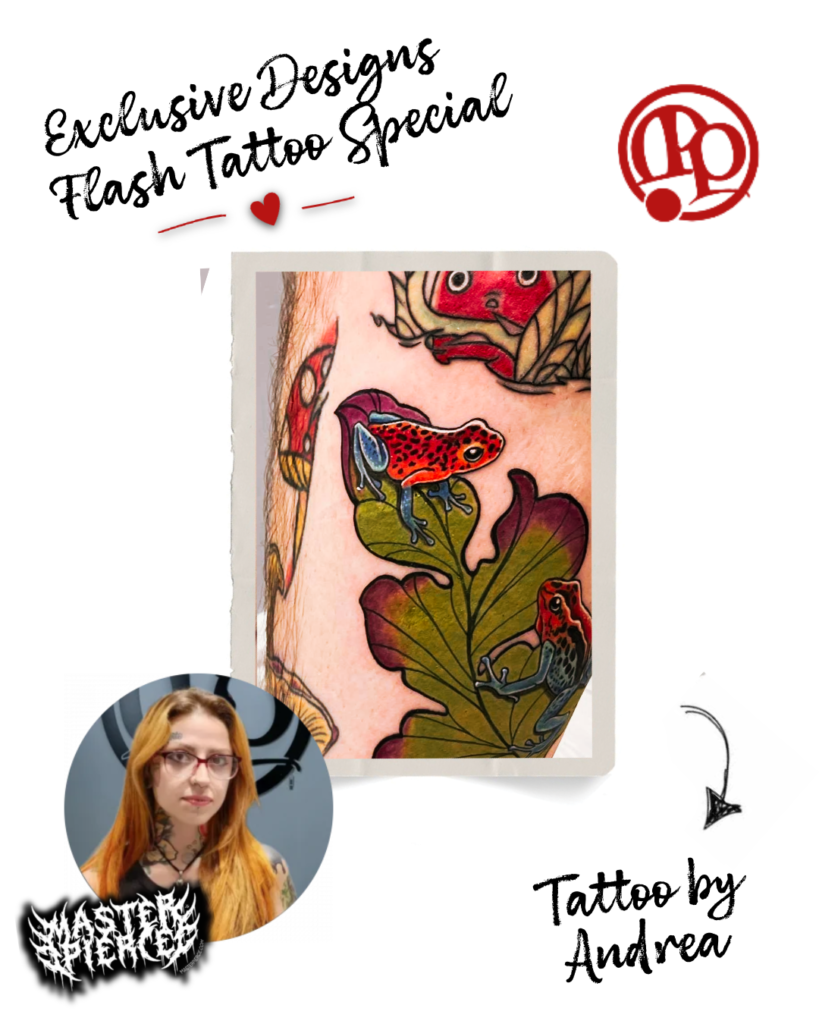 A colorful frog tattoo sits on a green leaf with red mushrooms in the background. The poster advertises “Exclusive Designs Flash Tattoo Special” and credits Andrea as the artist, with her photo shown in a circular frame.