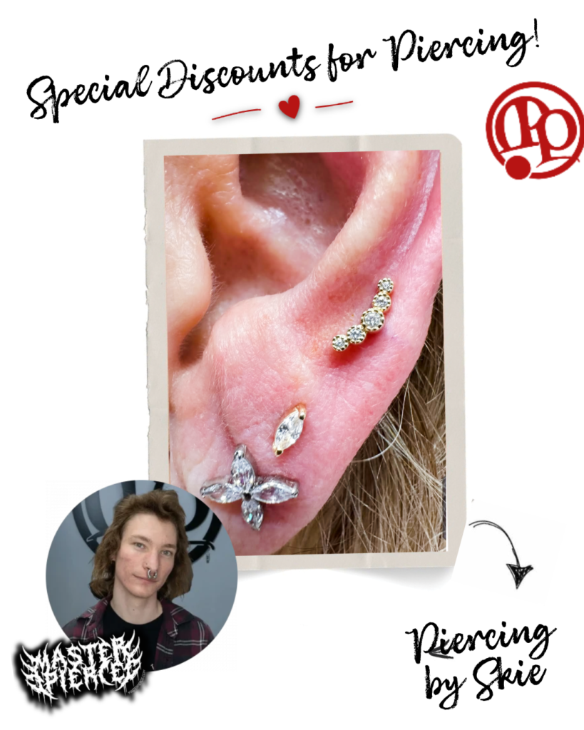 A close-up of a pierced ear with three decorative earrings and text promoting special piercing discounts. There is also a small photo of a person with facial piercings and the phrase “Piercing by Shie.”.