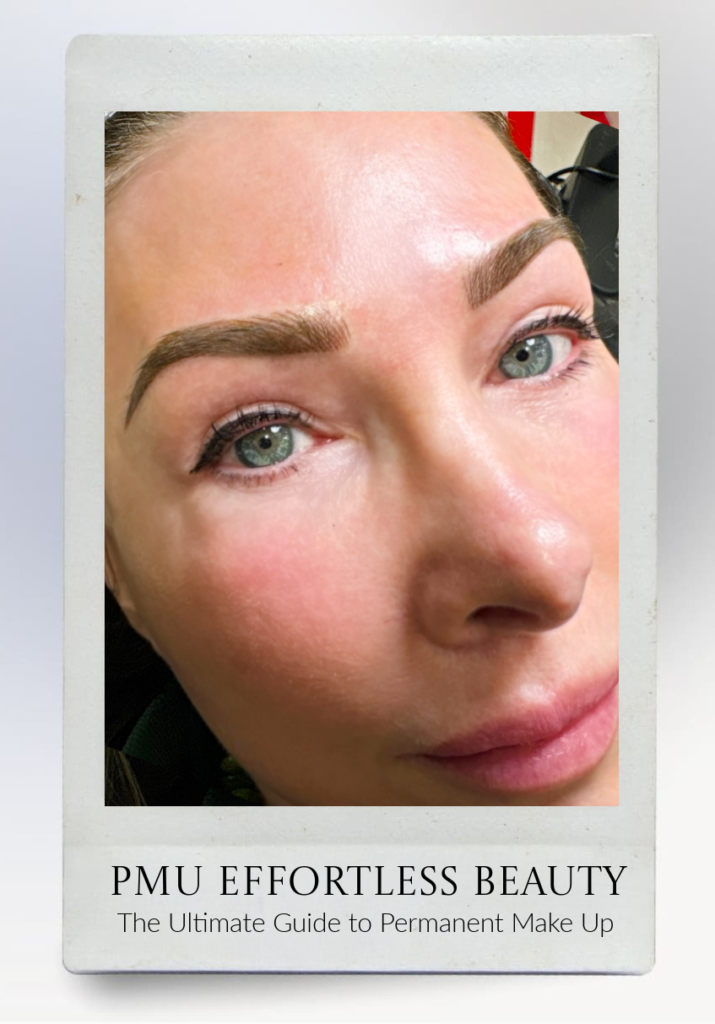 Close-up of a woman's face featuring well-defined eyebrows, smooth skin, invisible jewelry accents, and natural-looking permanent makeup. Text below reads: PMU Effortless Beauty - The Ultimate Guide to Permanent Make Up.