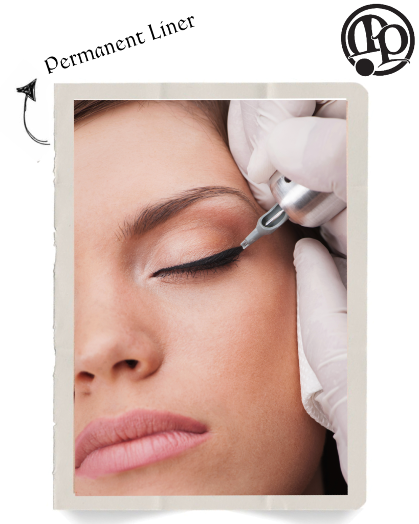 A close-up of a woman's closed eye as a gloved hand applies permanent eyeliner with a cosmetic tattoo machine, highlighting subtle beauty—like invisible jewelry. Text reads Permanent Liner with an arrow, and a circular logo appears in the corner.