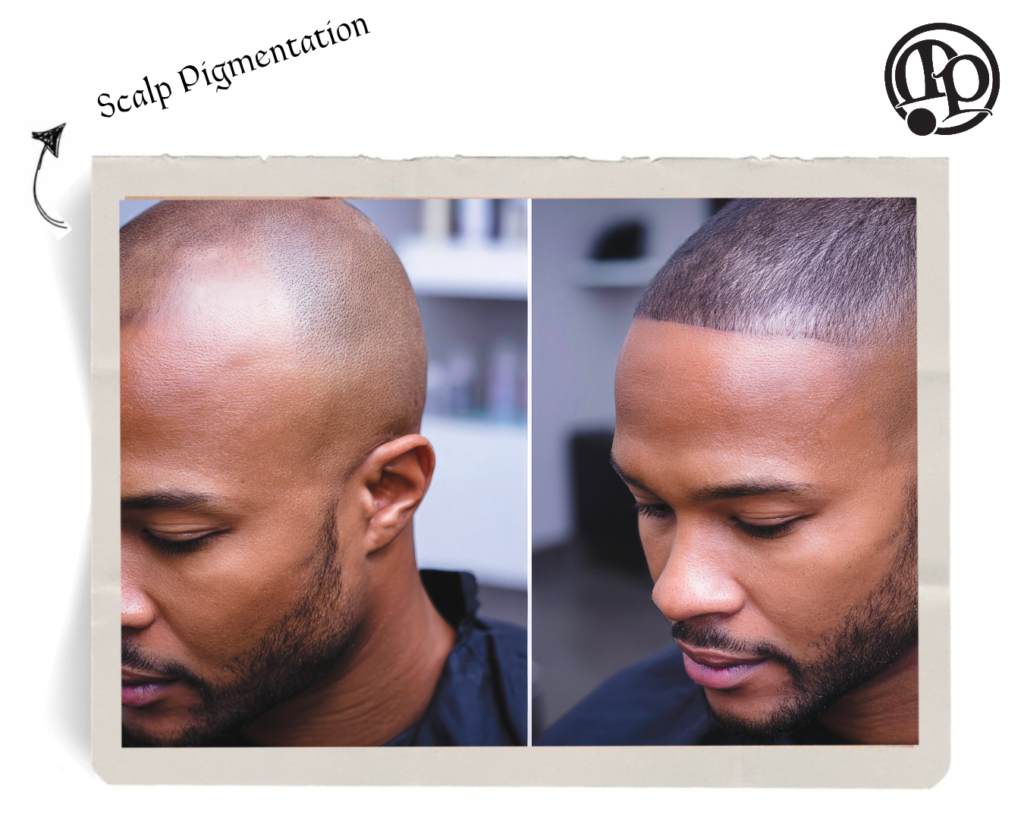 Side-by-side comparison of a man’s head before and after scalp pigmentation; left image shows thinning hair, right image displays a fuller-looking hairline. Like invisible jewelry for your scalp, the treatment discreetly enhances natural appearance.