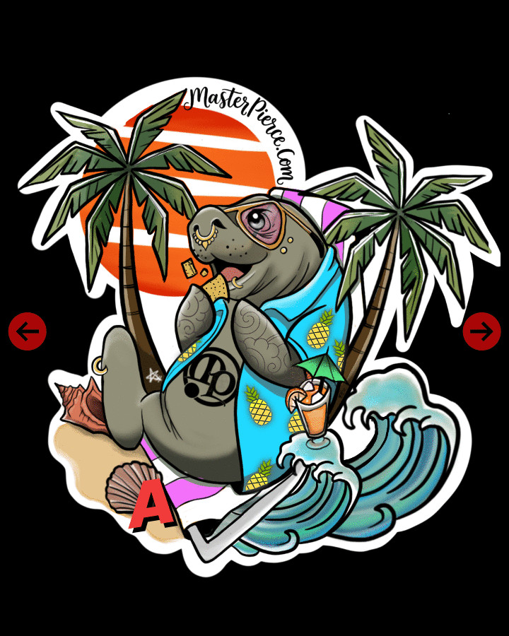 A cartoon seal wearing sunglasses, a blue pineapple towel, and a gold necklace relaxes on a beach chair under palm trees, with waves, seashells, a drink, and a red sunset in the background.
