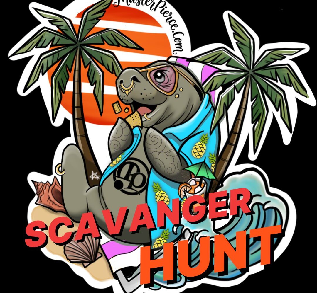 A cartoon manatee wearing sunglasses and a scarf sits eating a snack between two palm trees, with an orange sun and ocean waves in the background. The words SCAVENGER HUNT are in bold red letters across the image.