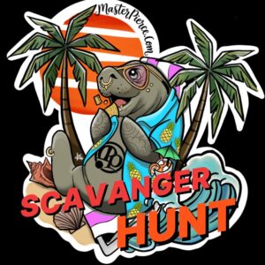 A cartoon manatee wearing sunglasses and a scarf sits eating a snack between two palm trees, with an orange sun and ocean waves in the background. The words SCAVENGER HUNT are in bold red letters across the image.