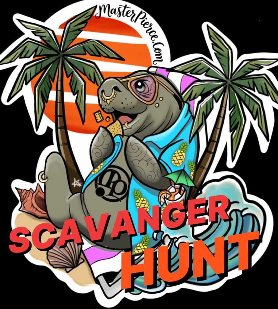 A cartoon manatee wearing sunglasses and a scarf sits eating a snack between two palm trees, with an orange sun and ocean waves in the background. The words SCAVENGER HUNT are in bold red letters across the image.
