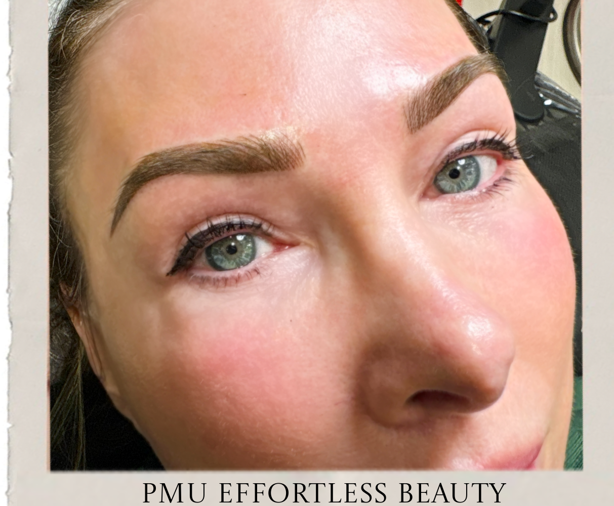 Close-up of a woman's face showing well-groomed, defined eyebrows, natural makeup, and subtle invisible jewelry. Text overlay reads: “PMU Effortless Beauty - The Ultimate Guide to Permanent Make Up.”.