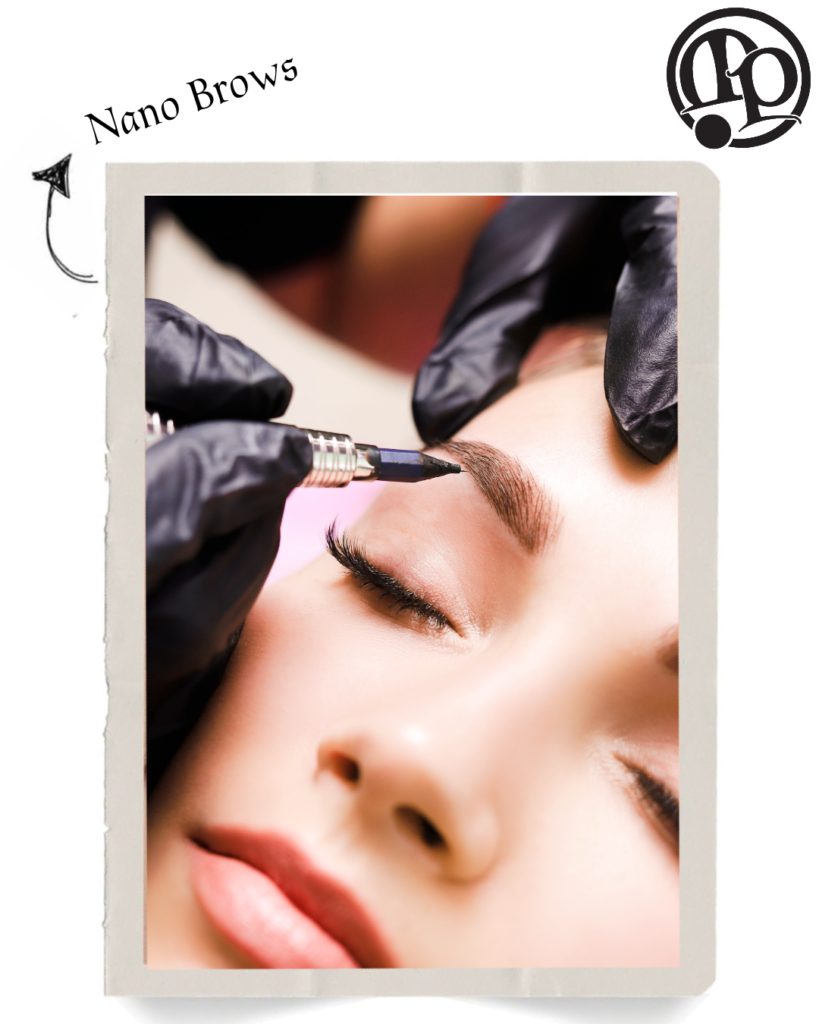 A close-up of a person receiving a nano brows treatment, with gloved hands using a specialized tool to enhance the eyebrows. Subtle invisible jewelry adds elegance, while the text Nano Brows and a decorative logo appear on the image.