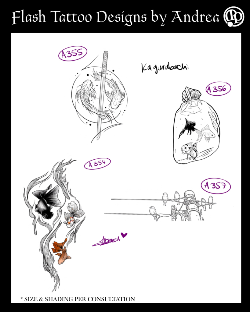 Four black and white fish-themed tattoo designs, including koi, goldfish, and flowers. Each design is labeled with a number. Flash Tattoo Designs by Andrea is at the top. Text notes size and shading per consultation. Available Friday July 24th at Master Pierce.