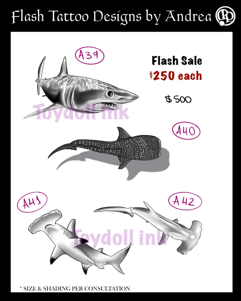 Four black and white shark tattoo designs are shown, each labeled A39–A42. Text advertises a flash sale for $250 each, reduced from $500, with “Size & shading per consultation.” Available Friday July 24th at Master Pierce.