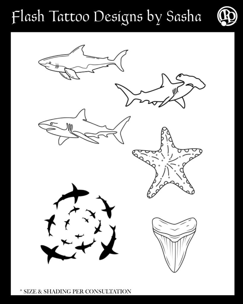 Six black-and-white flash tattoo designs: two sharks, a hammerhead shark, a starfish, a shark tooth, and a circular swirl of nine sharks. Text reads Flash Tattoo Designs by Sasha.