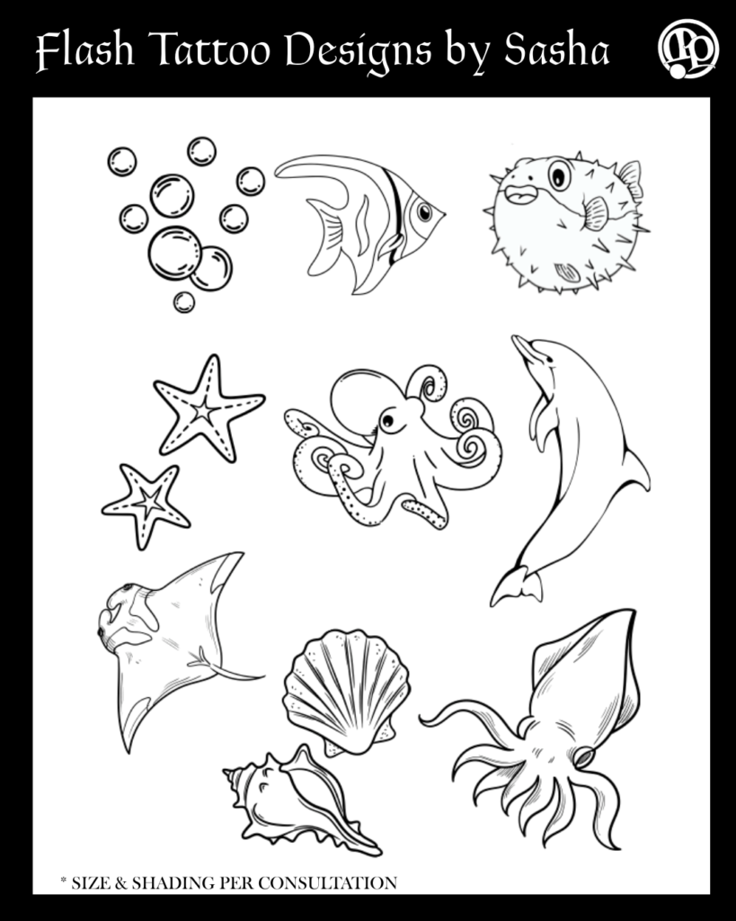 Black and white flash tattoo sheet features ocean-themed designs: bubbles, angelfish, pufferfish, starfish, octopus, dolphin, stingray, seashell, and squid, drawn in outline style with Flash Tattoo Designs by Sasha at the top.