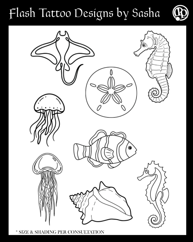 Black and white flash tattoo sheet with ocean-themed designs: stingray, seahorses, sand dollar, two jellyfish, clownfish, and conch shell. Text reads “Flash Tattoo Designs by Sasha. Logo in upper right corner.