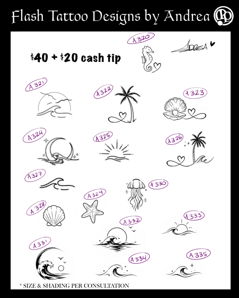A sheet of 16 minimalist beach-themed tattoo designs by Andrea, including waves, palm trees, seashells, a jellyfish, a starfish, and sunsets, each labeled with a code. Prices listed: $40 plus $20 cash tip.