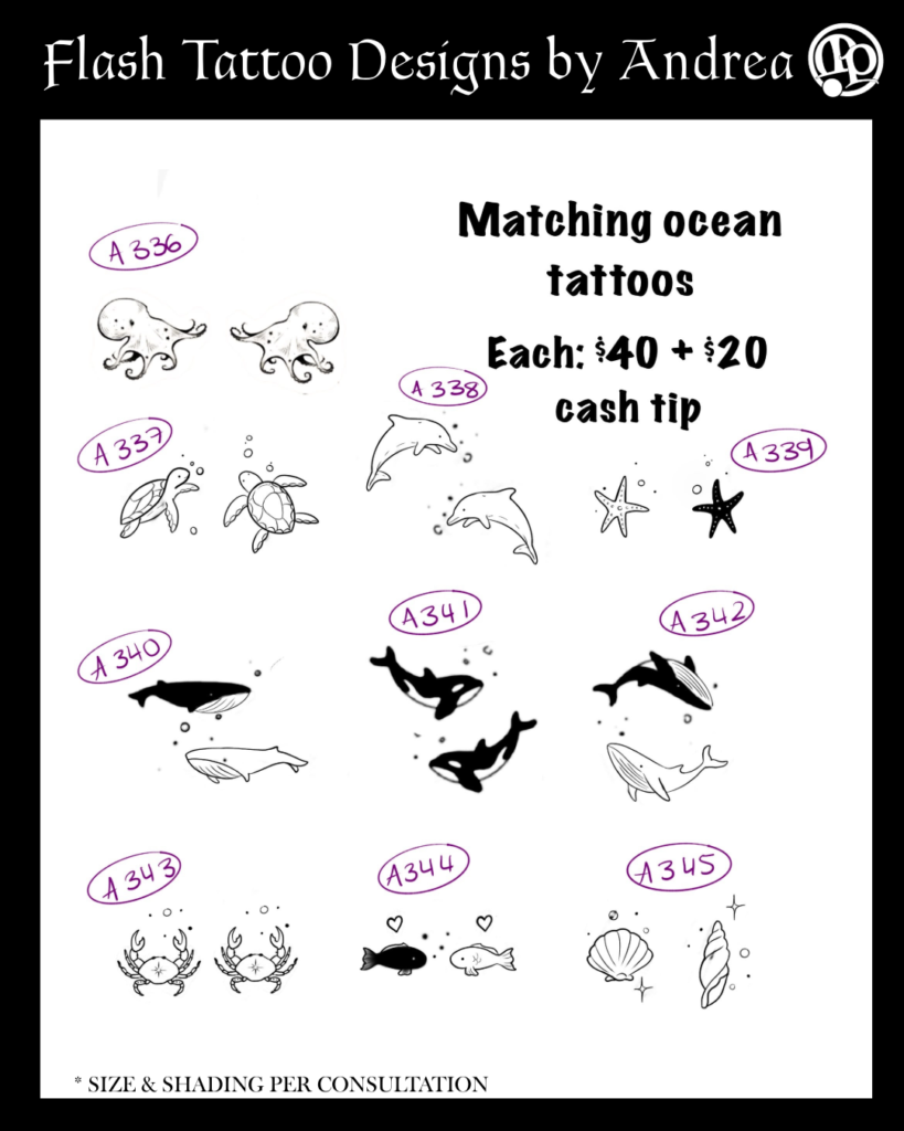 A sheet of ocean-themed flash tattoo designs, including octopuses, dolphins, fish, turtles, whales, seals, a stingray, a shrimp, and seashells. Each tattoo is marked with an ID and a price is listed.