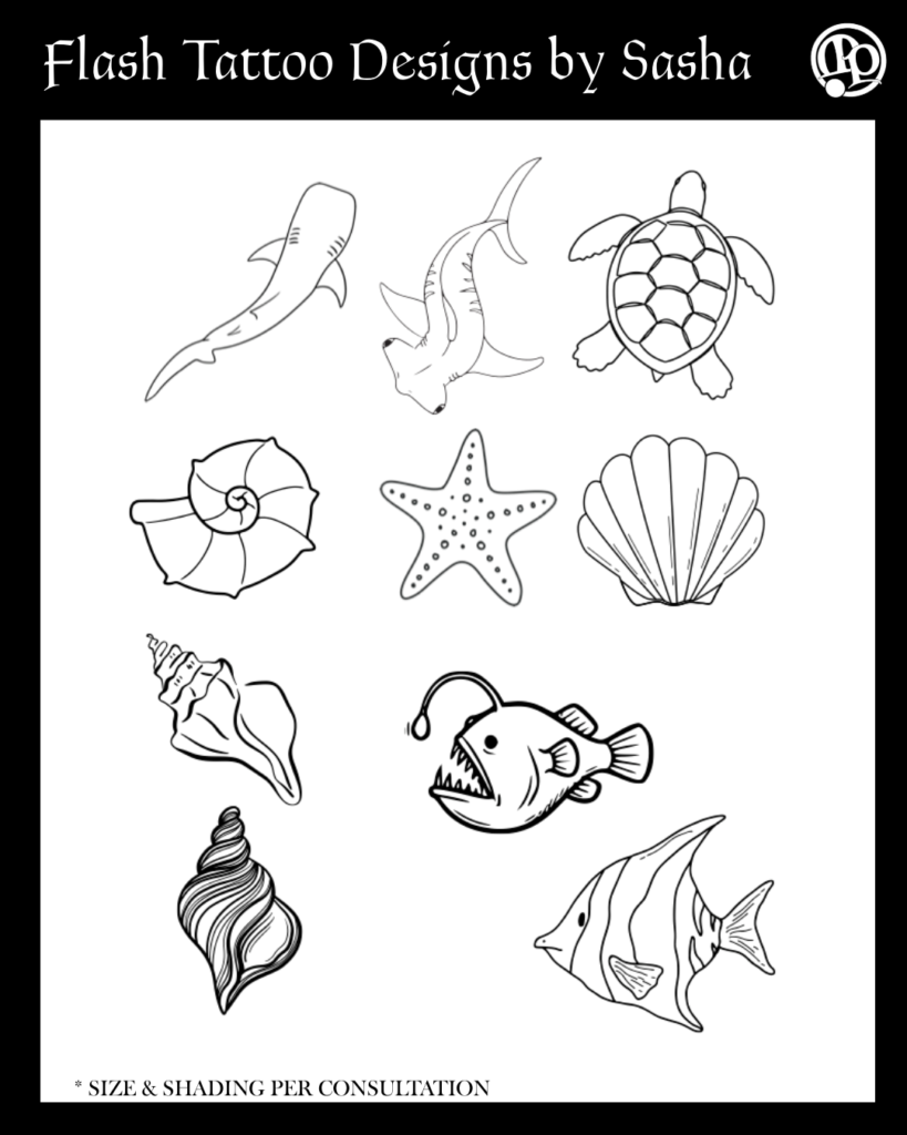 Black and white flash tattoo sheet by Sasha featuring a shark, turtle, seashells, starfish, anglerfish, nautilus, and tropical fish, each with bold outlines, displayed on a white background.
