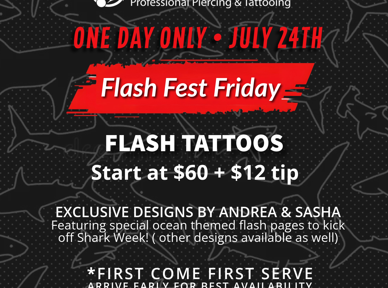 Promotional flyer for Master Pierce Flash Fest Friday on July 24, offering flash tattoos starting at $60 plus tip, with exclusive ocean-themed designs; first come, first served.