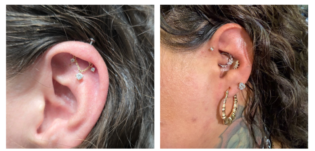 Two close-up photos of ears with multiple piercings, including cartilage, studs, hoops, and decorative jewelry. Meet Kri Piercing Artist: the right photo highlights even more earrings and a small tattoo near the ear.