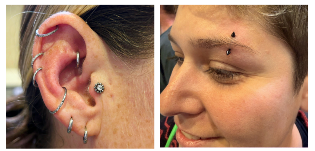Side-by-side close-ups: left image shows an ear with multiple hoop and stud piercings expertly crafted by Meet Kri Piercing Artist; right image shows a person's eyebrow adorned with two black dermal piercings above it.