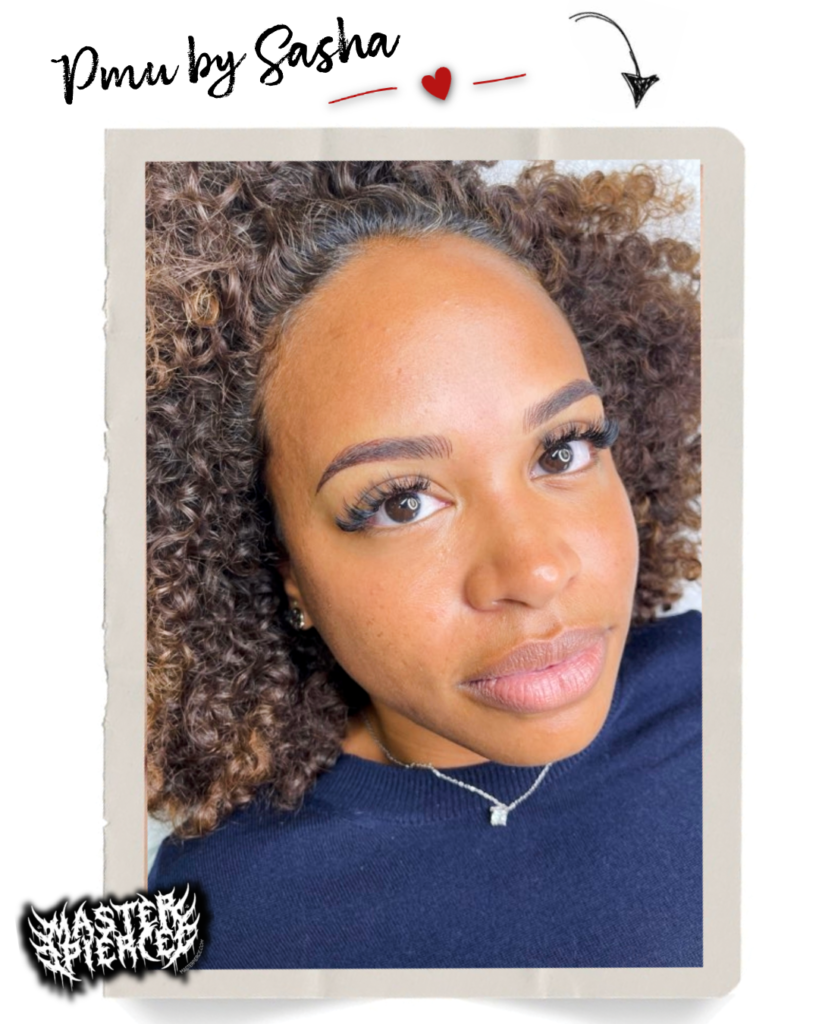 A woman with curly hair and well-defined eyebrows looks up. Text says Pmu by Sasha with a heart and arrow. The bottom corner features a Master Certified graphic.