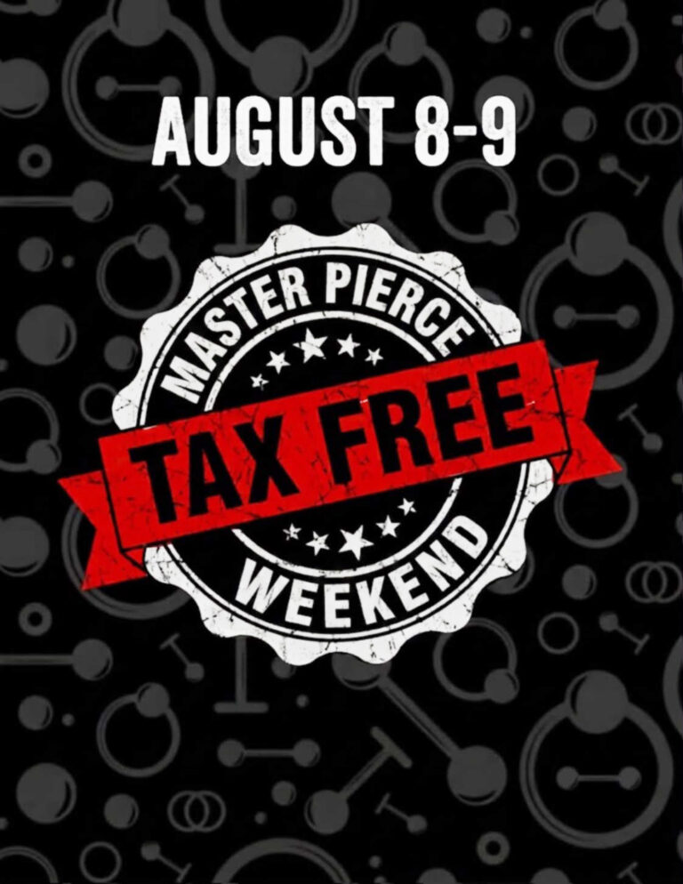 Black background with AUGUST 8-9 at the top. A white stamp reads MASTER PIERCE WEEKEND with a bold red TAX FREE banner across it. Abstract patterns are in the background.