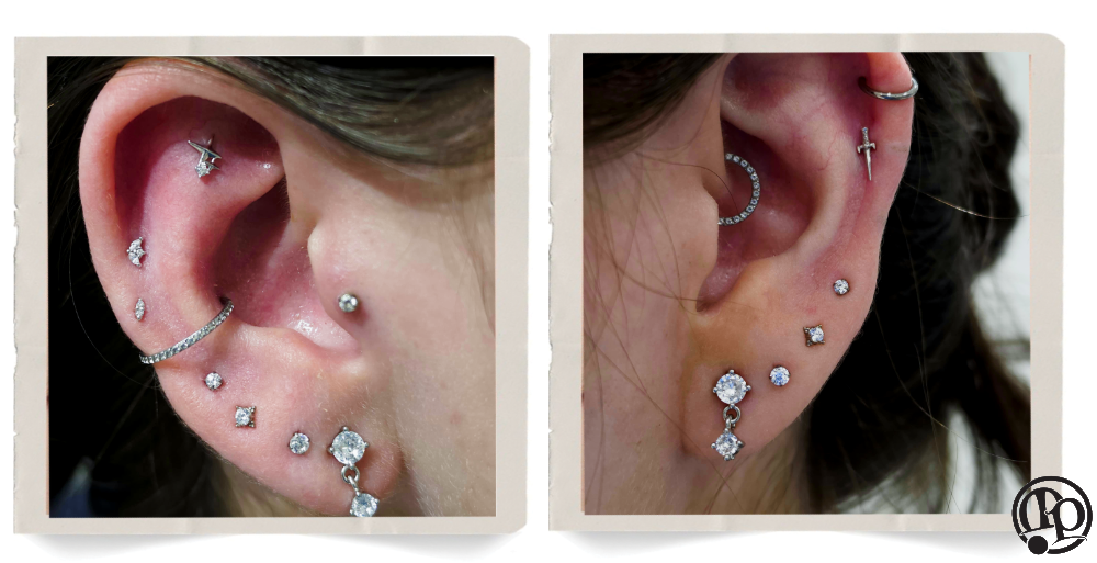 Two close-up photos of ears with multiple piercings and different earrings, including studs, hoops, and a cross-shaped earring, arranged along the lobes and cartilage.