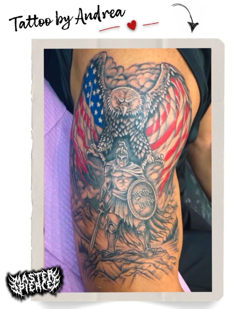 Tattoo of a warrior with a shield reading Sparta Union, standing before mountains, with a large eagle spreading wings over an American flag in the background.