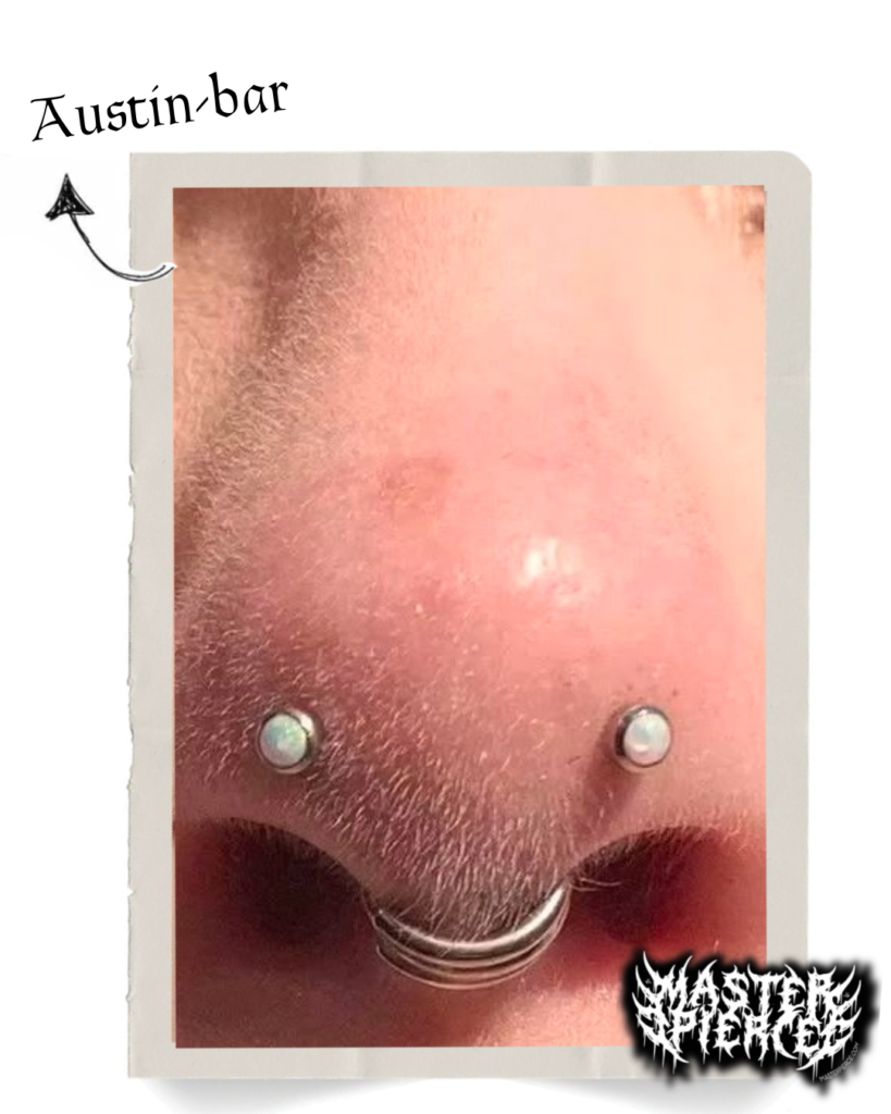 Close-up of a nose with an Austin-bar piercing and a septum ring, featuring two jewelry pieces. Handwritten text and an arrow label the Austin-bar. A black and white graphic logo is in the bottom right corner.