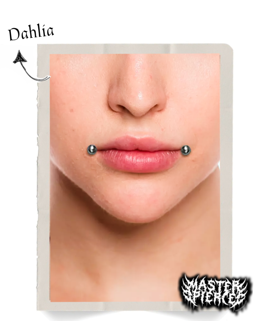 Close-up of a persons lips with two metal piercings, one on each side of the lower lip. An arrow and the word Dahlia label the piercings. A graphic logo appears in the bottom right corner.