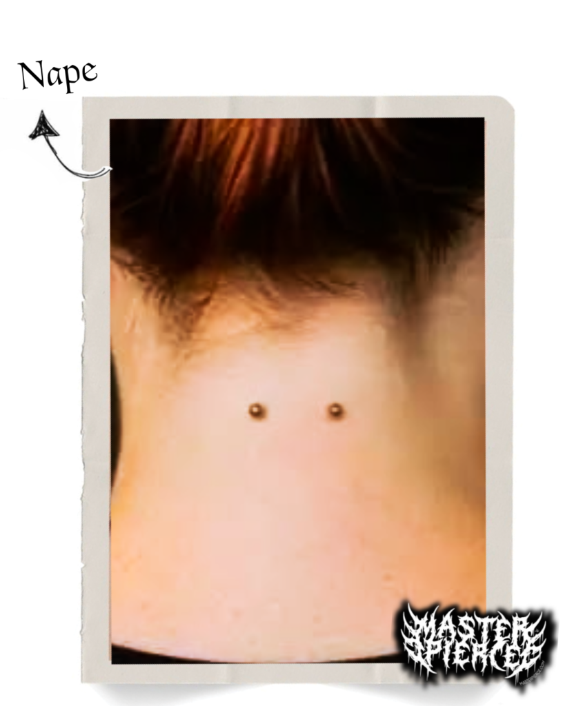 A close-up of the back of a persons neck with two dermal piercings on the nape. An arrow points to the area labeled Nape. The image has a white border and a logo in the bottom right corner.