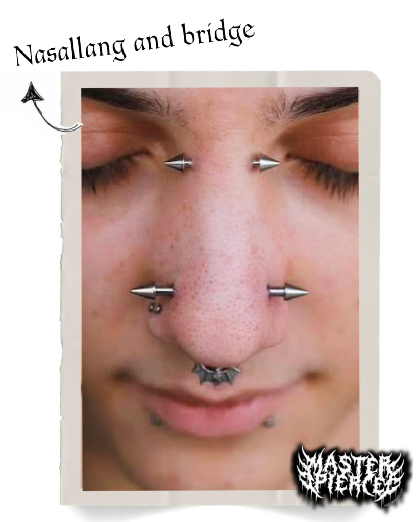 A close-up of a persons face with closed eyes, showing multiple facial piercings, including nasallang, bridge, septum, and lip piercings. Handwritten text reads: Nasallang and bridge..