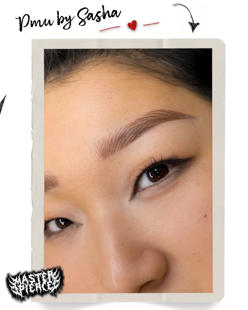 Close-up of a persons face showing well-groomed eyebrows and natural eye makeup. Text above reads PMU by Sasha with a red heart and arrow pointing to the eyebrow. MASTER is written in a graffiti font at the bottom.