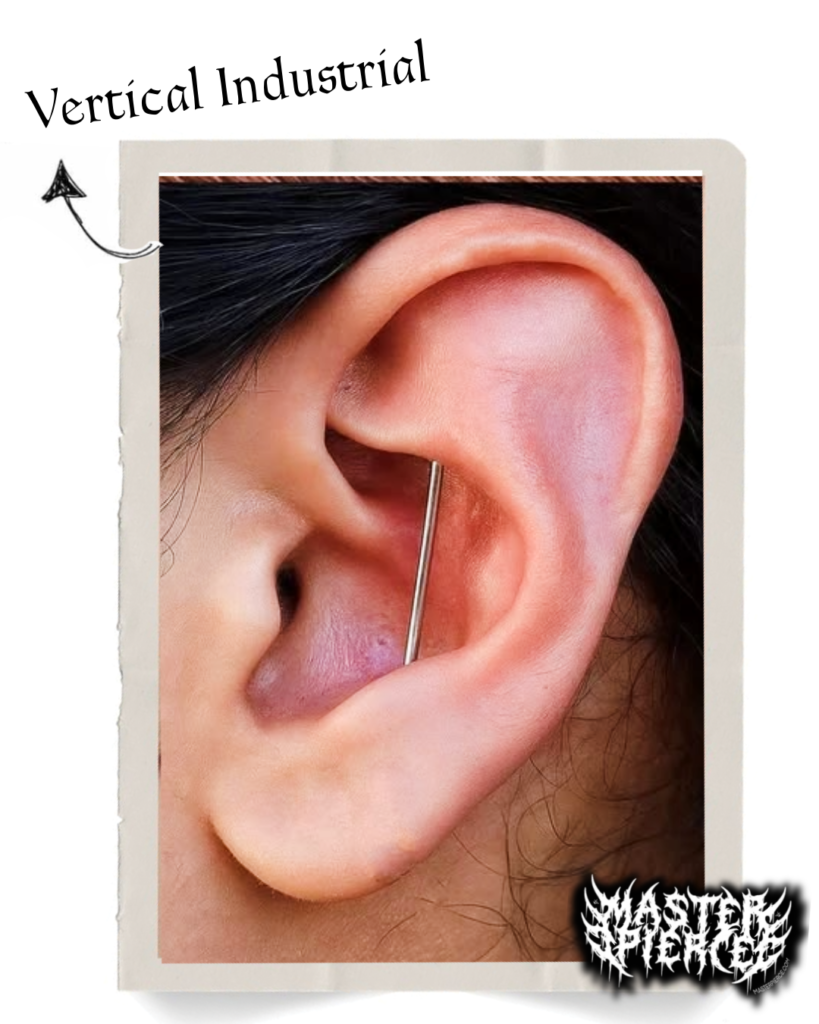 Close-up of an ear with a vertical industrial piercing barbell. The text Vertical Industrial is at the top left with an arrow pointing to the piercing. A stylized logo is in the bottom right corner.