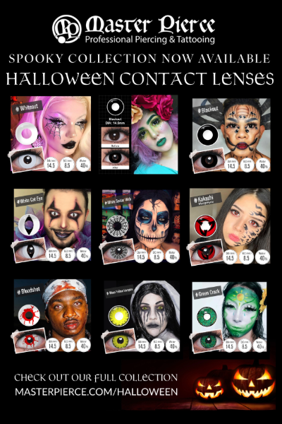 Halloween contact lens ad featuring various creepy lens styles on models, including vampire, zombie, and cat eyes, with spooky makeup. Master Pierce branding appears at the top, and pumpkins decorate the bottom.