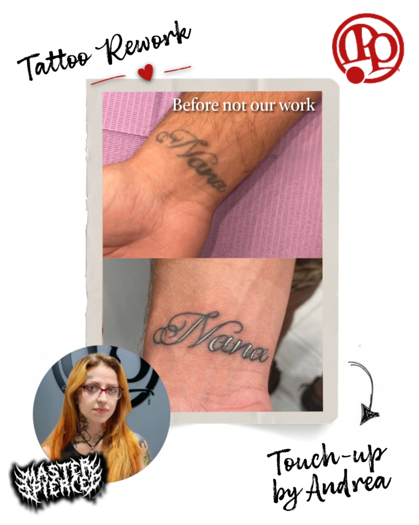 A tattoo artist’s rework of a Nana wrist tattoo is shown. The top image displays the faded original, while the bottom showcases the refreshed version after expert Tattoo Touch Ups. A photo of the artist Andrea is in the lower left corner.