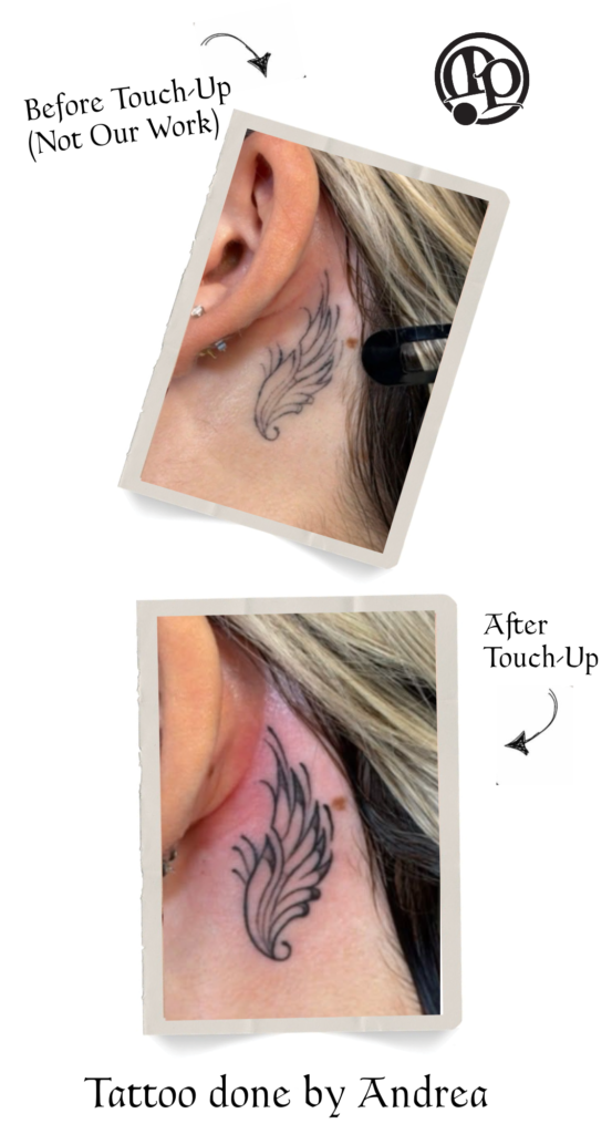 Two photos of a feather tattoo behind a person’s ear: the top shows the tattoo before Tattoo Touch Ups, faded and less defined; the bottom shows the tattoo after a touch-up, darker and with sharper lines. Text reads Tattoo done by Andrea.