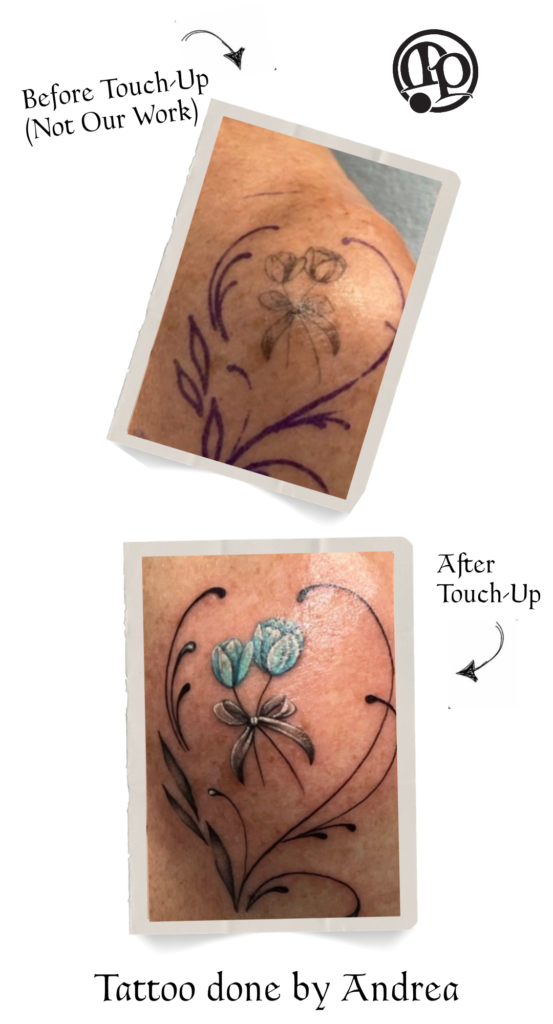 Two photos showcase Tattoo Touch Ups by Andrea. The top image captures faded purple flowers, while the bottom reveals vibrant blue flowers with bold black accents. Arrows highlight the remarkable transformation between the before and after images.