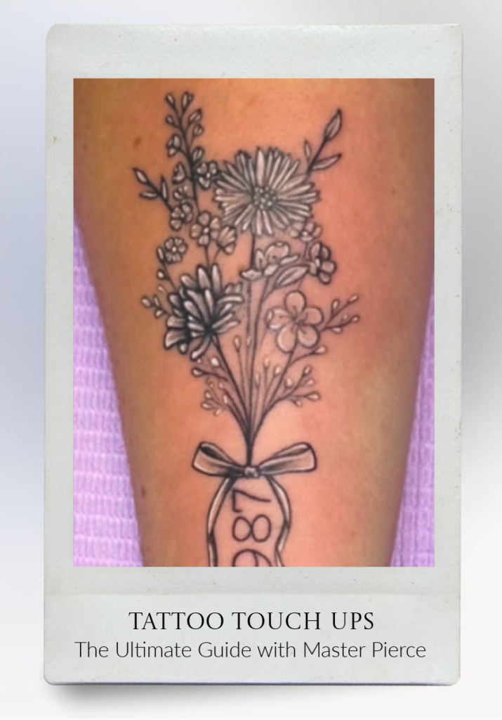 Black ink tattoo of a jar holding various wildflowers on skin, set against a light purple textured background. Text below reads: TATTOO TOUCH UPS The Ultimate Guide with Master Pierce..