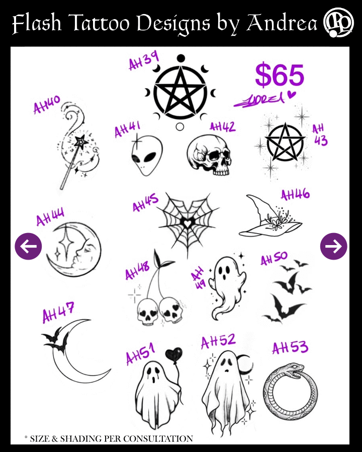 Sheet of flash tattoo designs, including pentagrams, aliens, ghosts, bats, skulls, cobwebs, a witch hat, a frog on a mushroom, a magic wand, and a ring. Price listed as $65. By Andrea at the top.