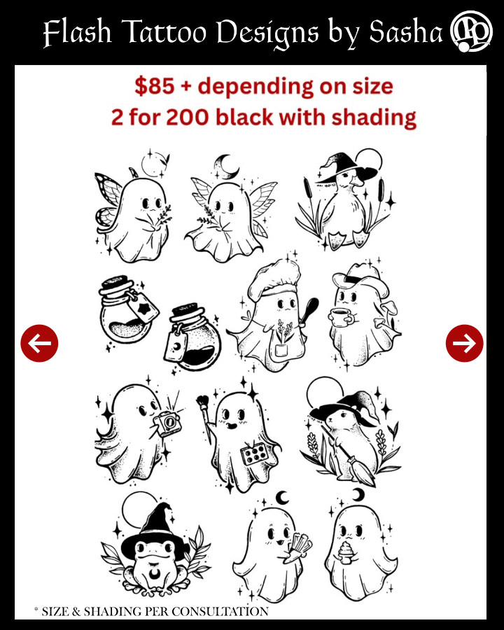 Twelve cute ghost tattoo designs with various themes, such as a fairy, witch, chef, pirate, and wizard. Some ghosts hold objects like a tattoo machine, jar, or wand. Text describes pricing and mentions shading options.