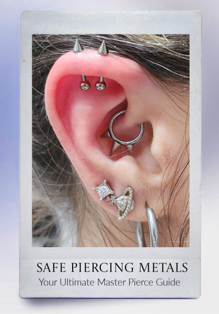 Close-up of an ear with multiple piercings featuring various metal jewelry, including studs, hoops, and a decorative planet-shaped earring. Text below reads: SAFE PIERCING METALS Your Ultimate Master. Pierce Guide.